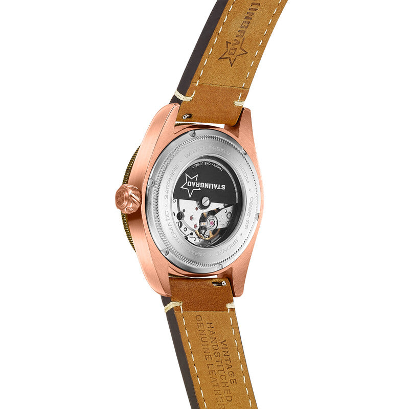 Stalingrad's  Commander Automatic Bronze Watch rear view with display case back on a white background