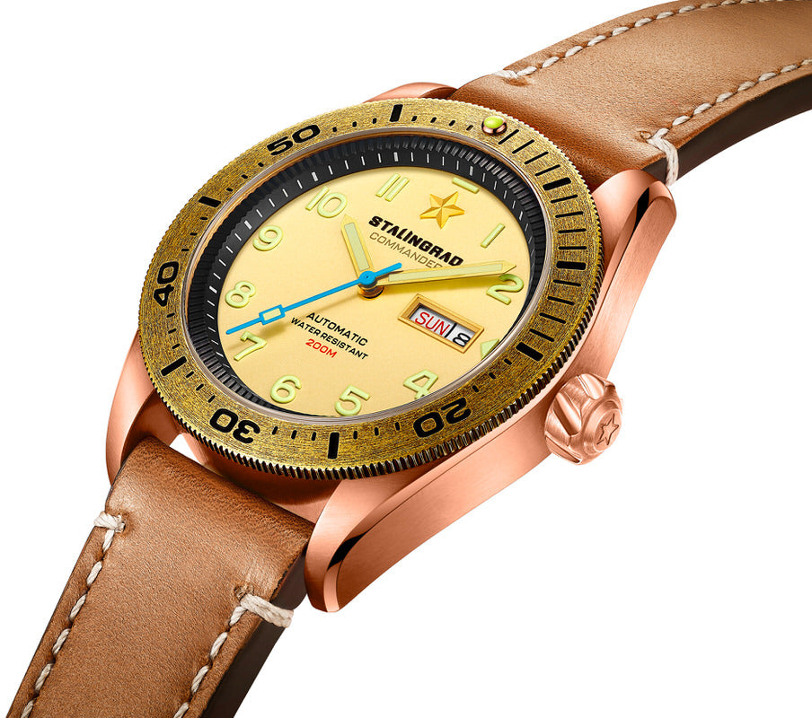 Stalingrad's Commander Automatic Bronze Watch with Brass Bezel and Beige Dial diagonal view