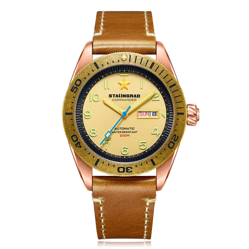 Stalingrad's Commander Automatic Bronze Watch with Brass Bezel and Beige Dial front view
