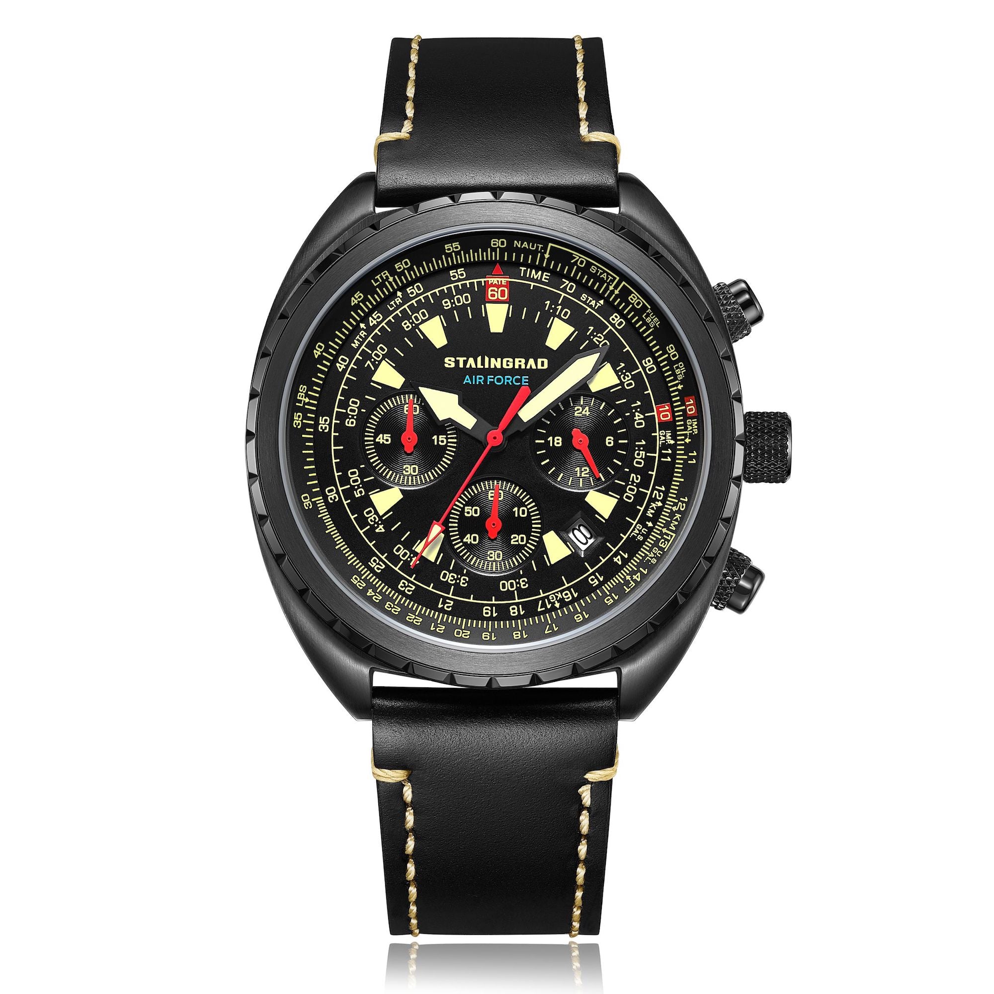 Stalingrad Novikov Chronograph watch with a black dial, black bezel, yellow hour markers and hands with a date window at 4 o'clock on black leather strap front view