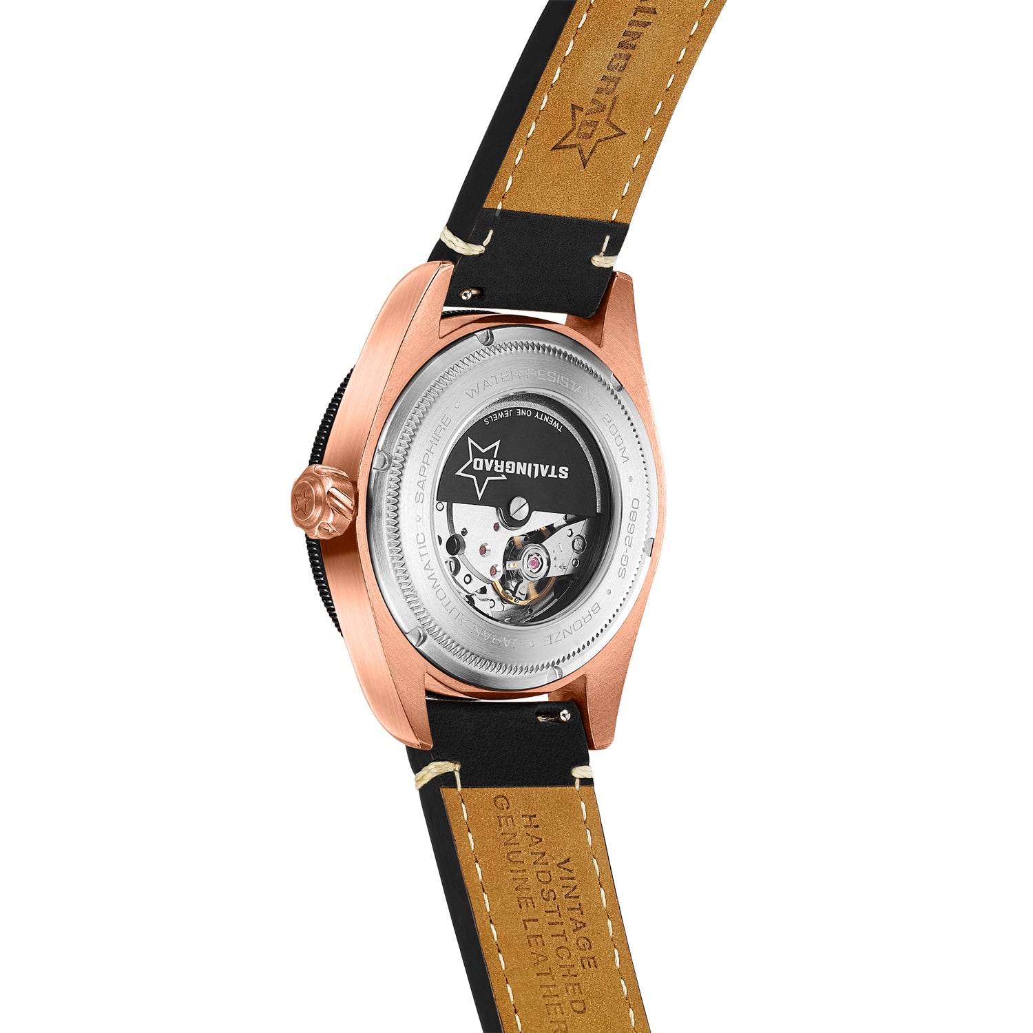 Stalingrad's  Commander Automatic Bronze Watch with Brass Bezel and Blue Dial with display caseback view on a white background