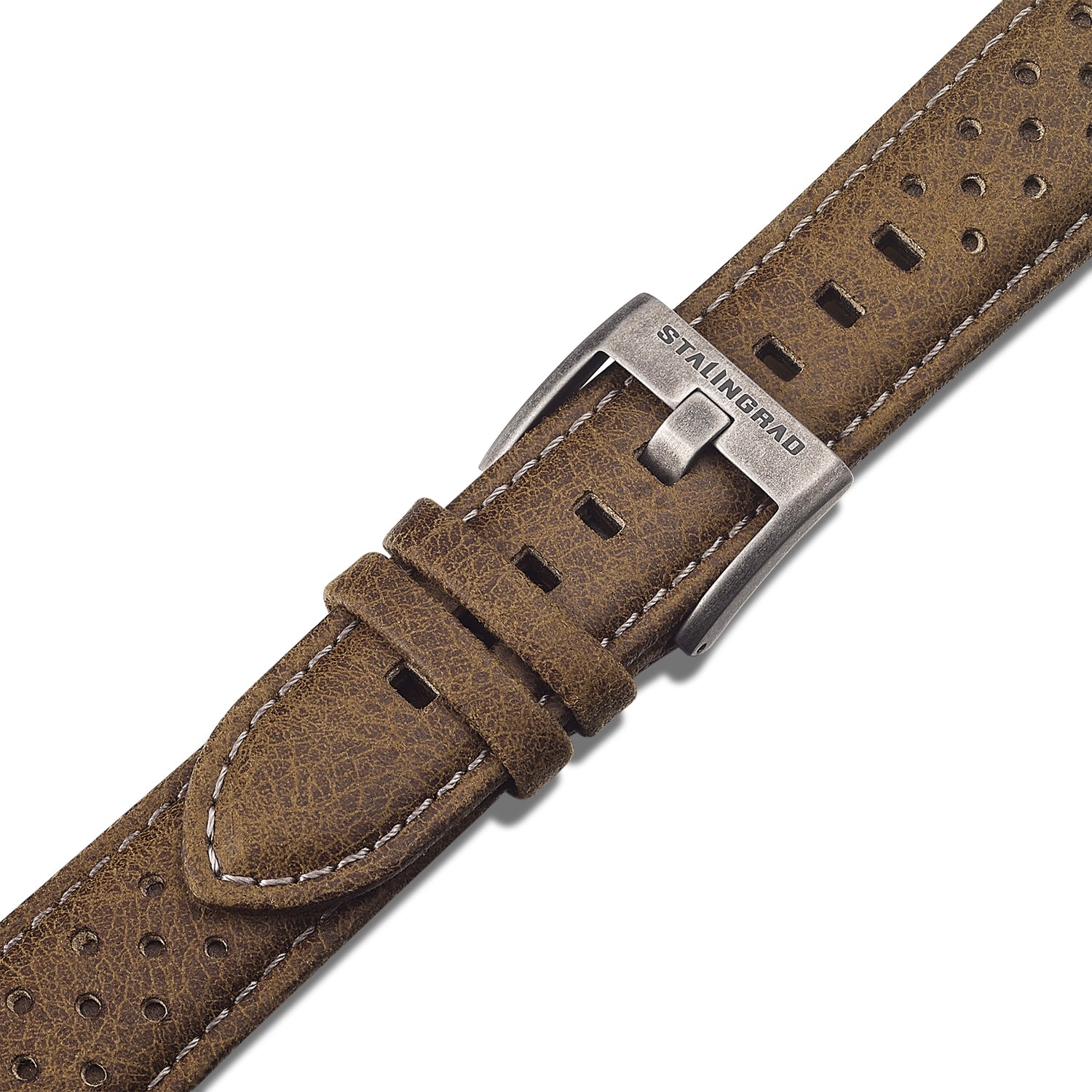 Stalingrad Red Army watch Strap brown leather with a silver buckle on a white background.