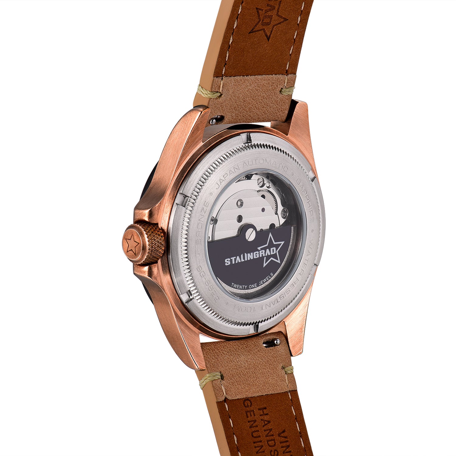 Stalingrad Mikoyan Watch Bronze Case  diaplay case back showing the star on the crown and the tan leather strap on a white background