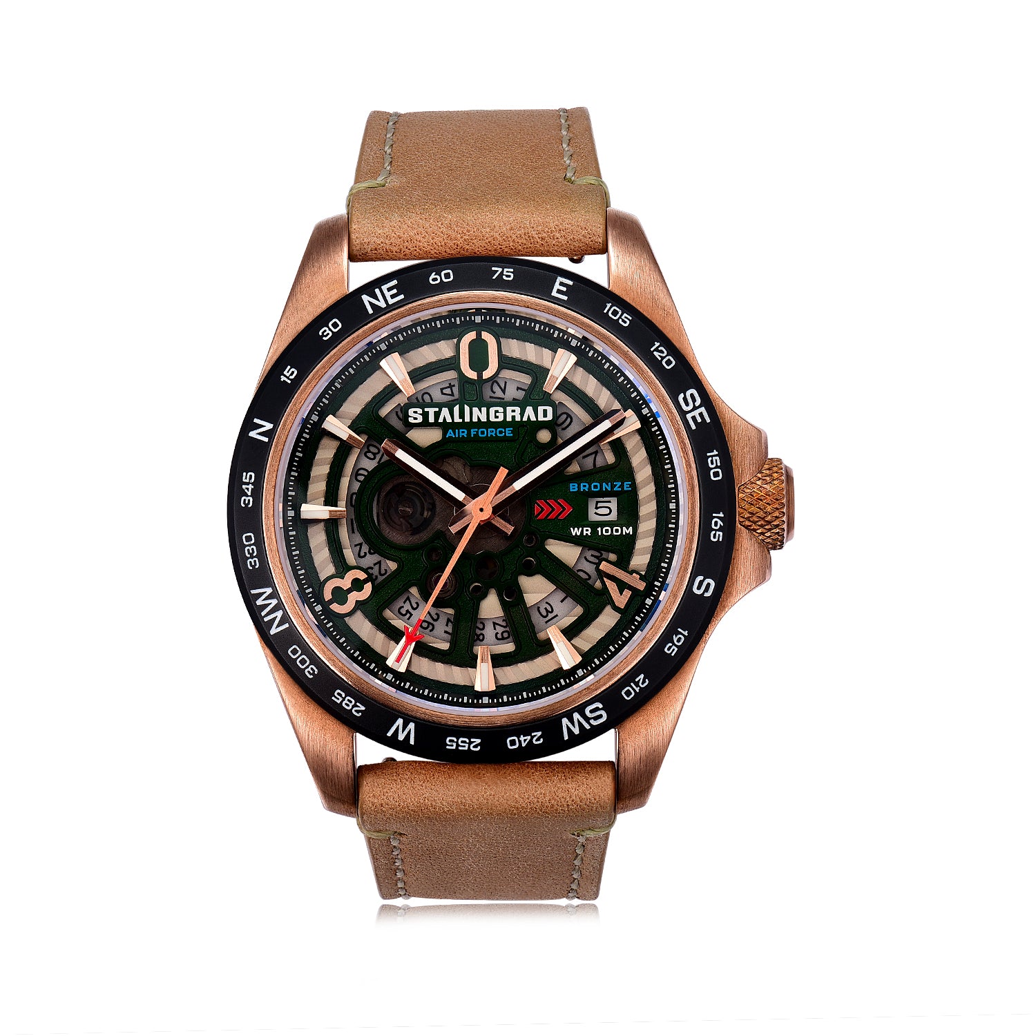 Stalingrad Mikoyan Watch Bronze Case  with a Green dial, a compass Bezel and a seethrough dial to the date window with a tan leather strap on a white background