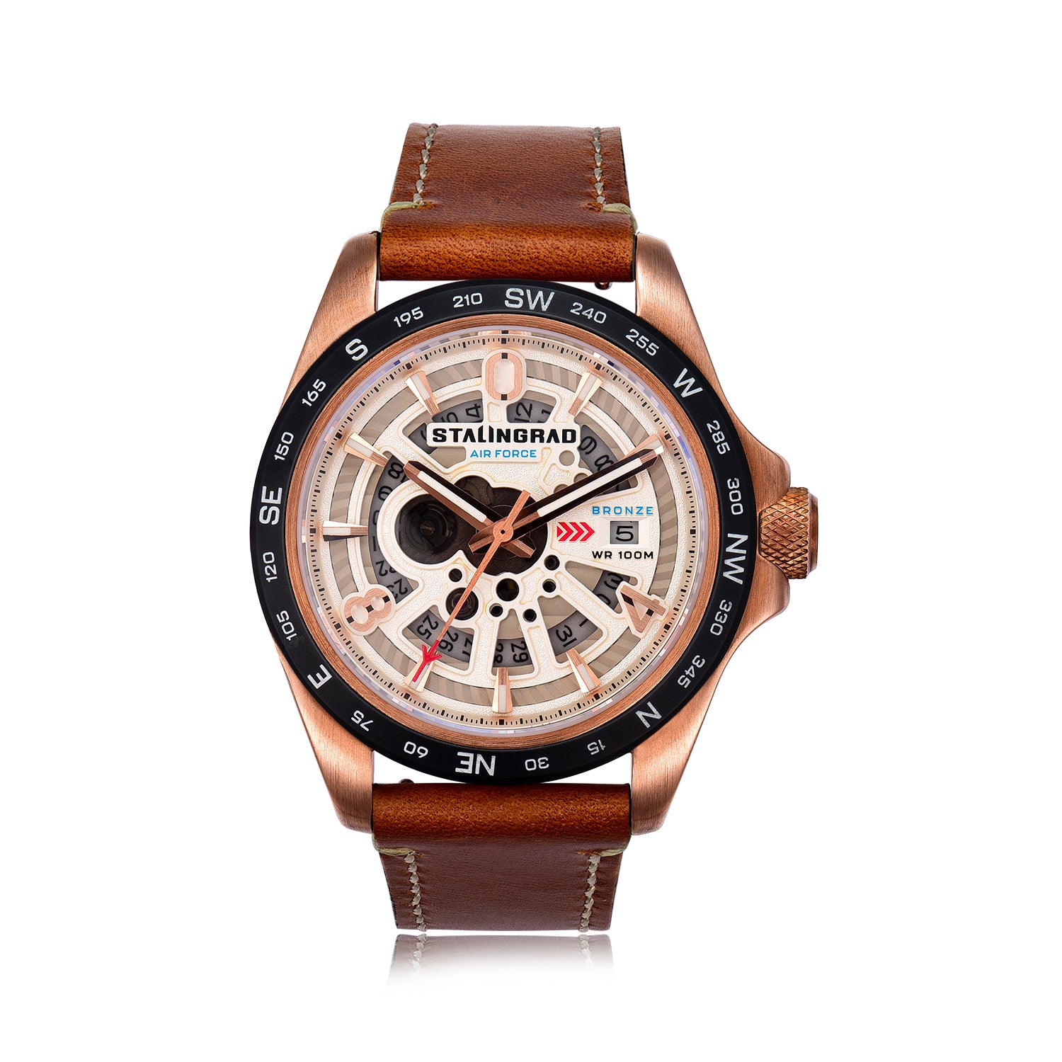 Stalingrad Mikoyan Watch Bronze Case  with a White dial, a compass Bezel and a seethrough dial to the date window with a tan leather strap on a white background