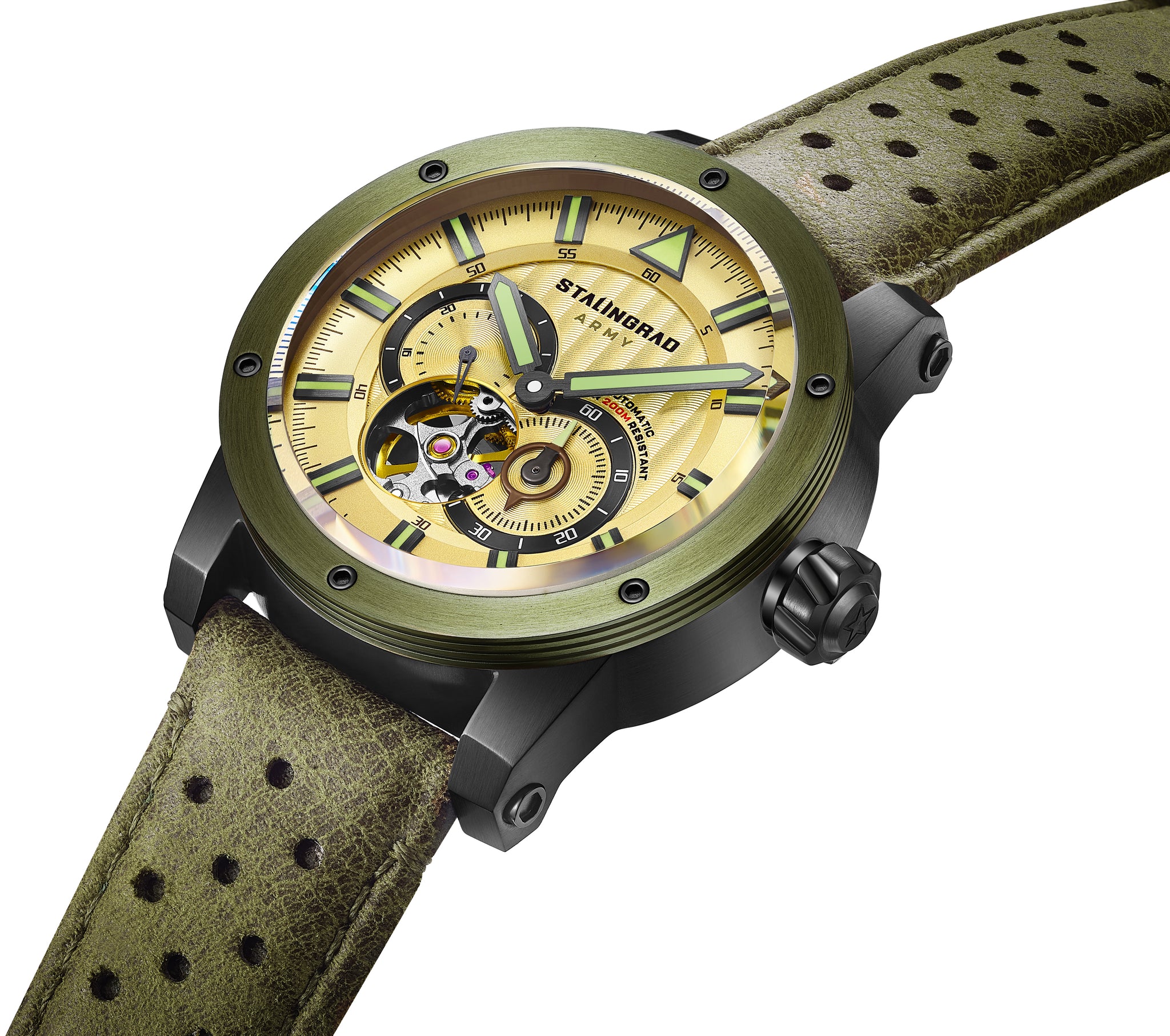 Stalingrad Red Army watch with a beige dial, a circle cut out in the dial showing the movement. A green bezel on a green leather strap. Diagonal view of the watch on a white background.