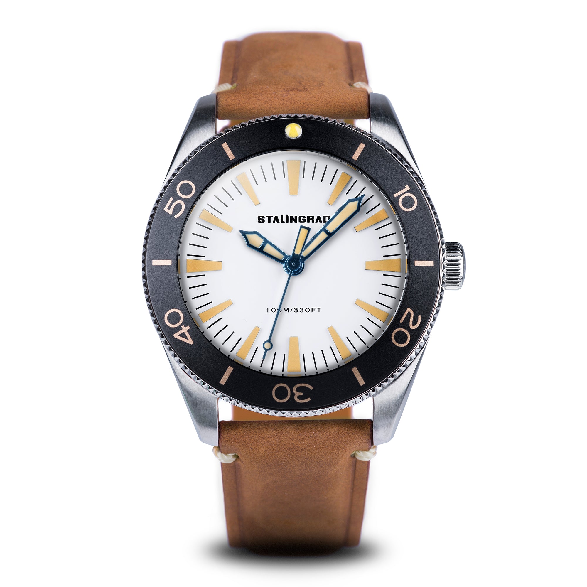 Stalingrad Iron Will Watch White Dial with a Black Bezel and a tan leather strap on a white background, front view