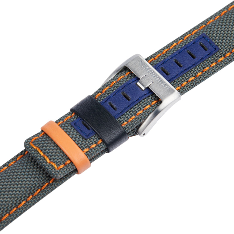 Stalingrad trooper chronograph watch strap, grey cordura with orange and blue accents and a silver buckle on a white background 