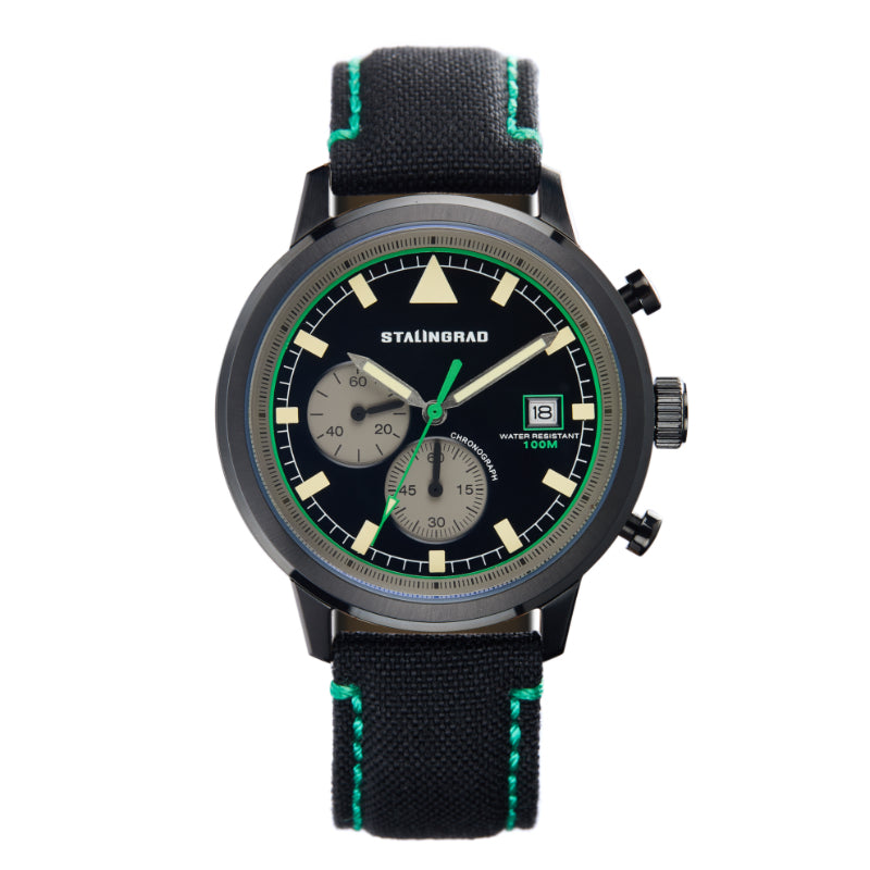 Stalingrad trooper chronograph watch with black case, black dial and black Cordura straps with green stitching  on a white background front view