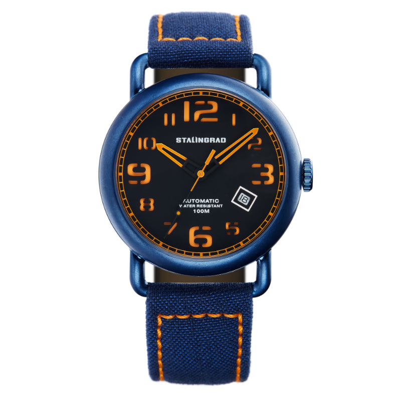 Stalingrad Rodim Watch with a sandwich dial. Black and orange dial, blue case and a blue cordura strap, front view of watch on  white background.