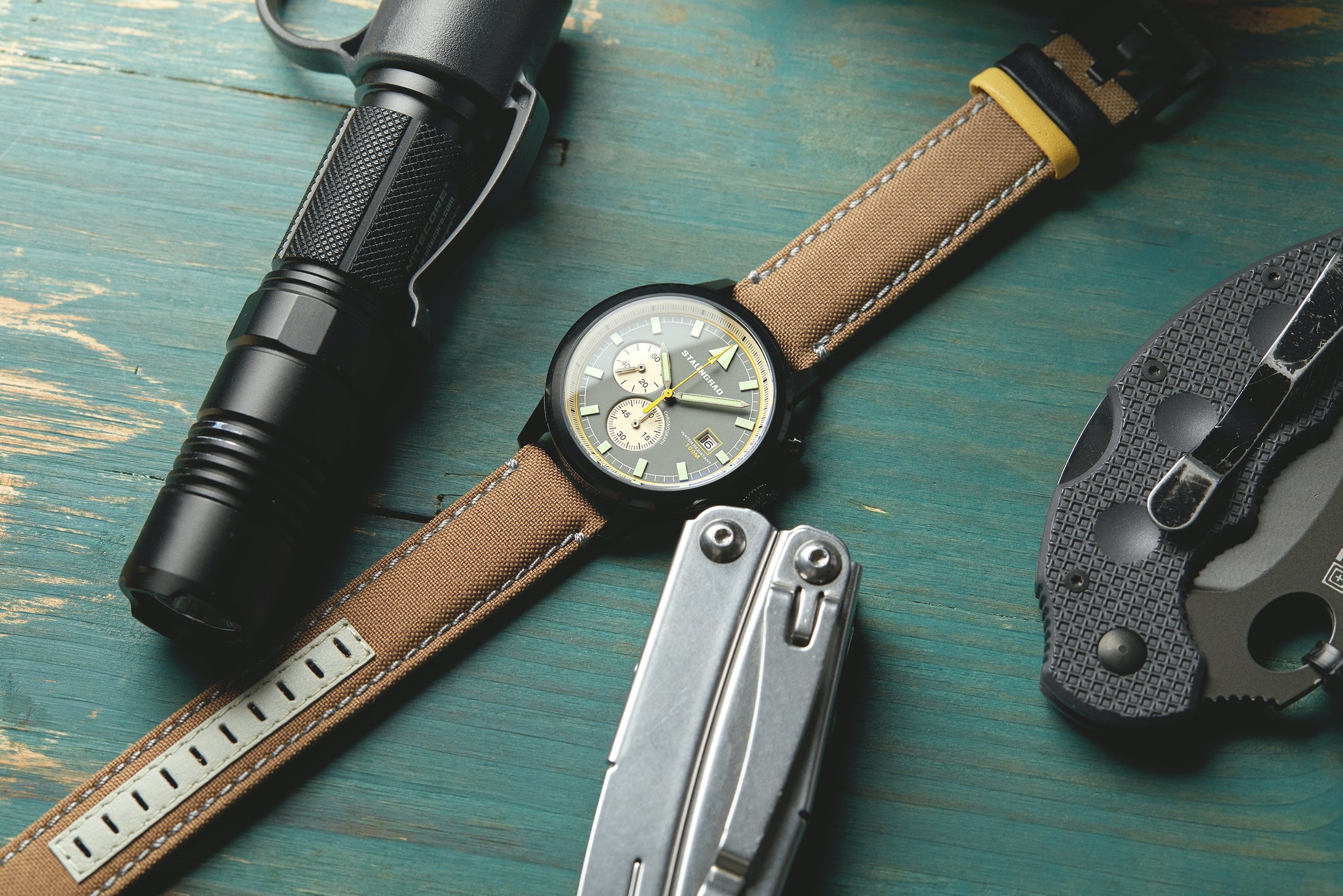Grey dial chronograph watch with cordura strap